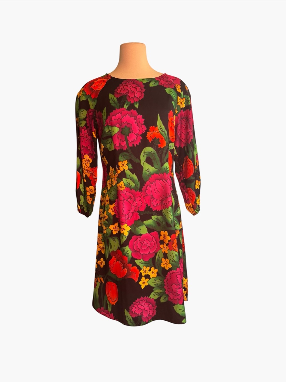 Flora Bea Floral Shift Dress Black with Pink & Green Bloom, small pulls on back